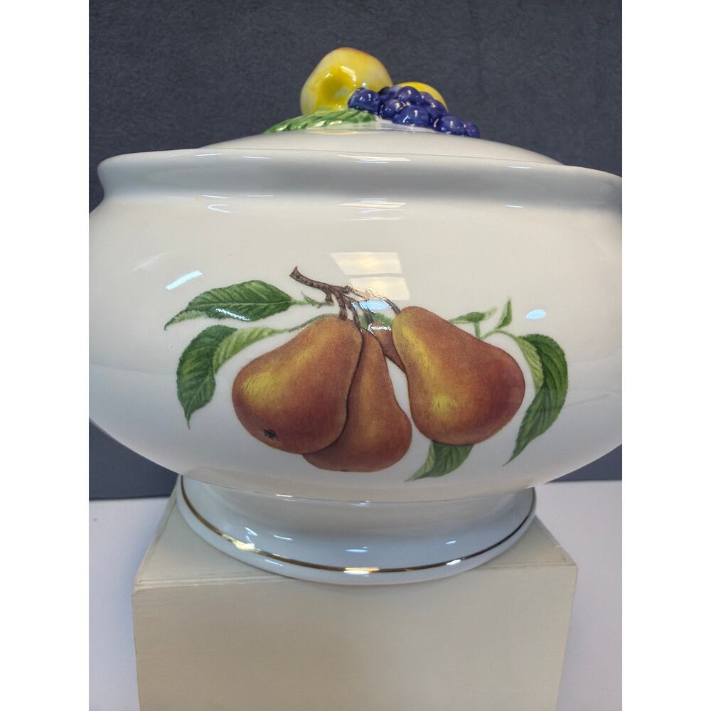 Vtg 1980s Teleflora Serving Bowl Lidded Fruit Pattern Gold Trim 8" Ceramic - Picture 6 of 10